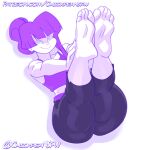  1girl 2023 asian_female barefoot chickpea cosplay feet female_only glitch_techs greek_toe miko_kubota nickelodeon no_background on_back purple_hair simple_background smile soles thick_thighs toes touching_toes white_background 