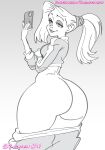  1girl 2024 2d 2d_(artwork) ass ass big_ass big_ass breasts chickpea courtney_babcock digital_drawing_(artwork) earrings eyeshadow fat_ass gradient_background grey_theme hair holding_phone huge_ass huge_ass jacket laika_studios lips lipstick looking_at_phone massive_ass monochrome pants pants_down paranorman phone ponytail rear_view selfpic simple_background smile sports_jacket sports_pants sportswear tied_hair universal_studios 