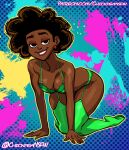  1girl 2020s 2023 adria_lafayette african african_female bedroom_eyes black_hair bra breasts brown_hair chickpea cleavage colored colored_background colorful dark-skinned_female disney disney_channel earrings female_only garter_belt huge_ass kneel lingerie looking_at_viewer marvel marvel_comics milf moon_girl_and_devil_dinosaur on_all_fours seductive smile stockings thick_thighs 