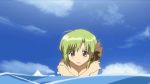   1girl gif blush breasts cloud covering covering_breasts embarrassed green_hair hair_ornament nipples shigure_asa short_hair shuffle! solo topless water  