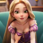  ai_generated bedroom blonde_hair blush breast_grab breasts breasts_out_of_clothes breasts_outside disney dress dress_down grabbing_breasts green_eyes light_skin long_hair looking_at_viewer nipple_slip nipples pink_nipples rapunzel rapunzel_(tangled) tangled 