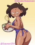  1girl 2022 amphibia apron apron_only ass bedroom_eyes big_ass brown_hair chickpea colored dark-skinned_female disney disney_channel female_only gradient_background looking_at_viewer milf mrs._boonchuy naked_apron nude oum_boonchuy simple_background smile straight_hair wedding_ring yellow_background 