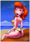 ass beach earrings fernando_faria_(artist) linda_flynn-fletcher looking_back milf outside phineas_and_ferb swimsuit