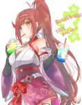  1girl alluring big_breasts chest_jewel cleavage core_crystal_(xenoblade) criss-cross_halter cup drinking drinking_straw female_only glimmer_(xenoblade) hairband halterneck high_ponytail high_res holding holding_cup japanese_clothes kimono nintendo pouch red_eyes red_hair swept_bangs thigh_pouch translation_request two-tone_hairband usakumapo_nano v-shaped_eyebrows white_kimono xenoblade_(series) xenoblade_chronicles_3 xenoblade_chronicles_3:_future_redeemed 