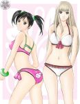 2girls alluring ass back bikini black_eyes black_hair blonde_hair bracelet breasts cleavage emilie_de_rochefort frilled_bikini frills grey_eyes hair hair_ornament jewelry kurakura_(tricktrap) ling_xiaoyu lipstick long_hair looking_back makeup multiple_girls namco navel short_hair short_twintails smile swimsuit tekken tekken_3 tekken_5_dark_resurrection tekken_tag_tournament tekken_tag_tournament_2 twin_tails twintails