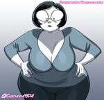  1girl 2023 anya&#039;s_ghost bbw big_breasts chickpea clothed female_only glasses gradient_background grey_background grey_theme hands_on_hips huge_breasts looking_at_viewer milf mrs._borzakovskaya sfw short_hair simple_background 