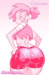  1girl 2022 bedroom_eyes big_ass cartoon_network chickpea enid enid_mettle female_only gradient_background hands_on_hips hot_pants huge_ass looking_over_shoulder monochrome ok_k.o.!_let&#039;s_be_heroes pink_background pink_theme ponytail simple_background snaggle_tooth sugoi_dekai 