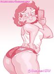  1girl 2023 ass big_ass bubble_butt camila_noceda cellphone chickpea dark-skinned_female disney disney_channel ear_piercing fat_ass female_only glasses gradient_background hand_on_hip holding_phone huge_ass looking_over_shoulder milf minishorts monochrome phone pink_background pink_theme presenting_hindquarters selfpic short_hair short_shorts shorts simple_background smile tank_top the_owl_house thick_thighs thighs 