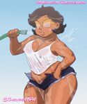  1girl 2024 bbw blue_background camila_noceda chickpea closed_eyes color colored dark-skinned_female digital_drawing_(artwork) earrings female_only glasses gradient_background hose latina milf nipples_visible_through_clothing see-through see-through_clothing short_hair short_shorts simple_background tank_top the_owl_house wet wet_clothes 