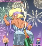  1girl 2023 alcohol bisexual_panic blonde_hair bottle carol_kincaid cartoon_network champagne chickpea color colored dress earrings enid_mettle eugene_garcia fireworks flexing flustered headband lipstick makeup male mr._gar muscular_female new_year ok_k.o.!_let&#039;s_be_heroes open-back_dress short_hair smile teeth_gap tooth_gap 