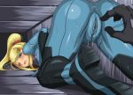 1boy 1girl all_fours anus ass bent_over blonde_hair blue_bodysuit blue_eyes blush bodysuit breasts drool gloves hetero latex legs medium_breasts metal_gear metal_gear_(series) metroid nintendo nipples ponytail pose pussy pussy_juice saliva samus_aran see-through see_through sex skin_tight solid_snake solo_focus super_smash_bros. sweat syunzou_(artist) tears thighs zero_suit