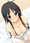 1girl akiyama_mio bare_shoulders big_breasts bikini black_eyes black_hair blush bow breasts calendar_(object) cleavage collarbone from_above k-on! kousaka_tamaki large_breasts long_hair looking_at_viewer mound_of_venus navel nipples no_bra off_shoulder panties popsicle red_hair side-tie_bikini sitting smile solo striped striped_bikini striped_panties striped_swimsuit sweat swimsuit to_heart undersized_clothes underwear water wet wink zekkyon