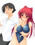 1boy 1girl between_breasts big_breasts bikini black_hair blush bow breasts brown_eyes character_request cleavage highleg highleg_swimsuit kouno_takaaki kousaka_tamaki long_hair mound_of_venus naughty_face navel open_mouth popsicle red_hair school_swimsuit shirt short_hair side-tie_bikini solo striped striped_bikini striped_swimsuit sweat swimsuit to_heart to_heart_2 tsurime undersized_clothes water wet white_shirt wink zekkyon