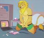 after_masturbation blush cum cute dripping erection feline furry lion male mane on_bed original paperclip_(artist) penis solo testicles