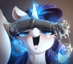  1boy 1girl blue_eyes cum cum_in_glass ejaculation erection eto_ya female female_unicorn friendship_is_magic horsecock male male/female my_little_pony nude open_mouth penis pony rarity rarity_(mlp) telekinesis testicle tongue_out unicorn 