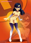 1_girl 1girl arabatos blue_eyes breasts disney female female_human female_only gloves hairless_pussy human long_gloves long_hair looking_at_viewer mask mostly_nude pussy solo standing superheroine tagme the_incredibles violet_parr