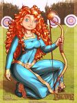  1girl archery blue_eyes bow_(weapon) brave clothing female_only japunix long_hair merida outside princess_merida solo_female target 