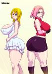 2_girls 2girls 5tarex ass bandanna big_ass big_breasts blonde_hair blue_eyes breasts crossover dat_ass female_only green_eyes hair kingdom_hearts looking_at_viewer multiple_girls namine naruto pink_hair sakura_haruno smile