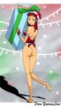  alien christmas dc dcau ear_piercing earrings fingerless_gloves gloves green_eyes hat jewelry long_hair orange_skin piercings present red_hair shiny shiny_skin solo starfire teen_titans yuumeilove 