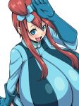 1girl blue_eyes breasts fuuro_(pokemon) gigantic_breasts gloves gym_leader humans_of_pokemon inu1tou open_mouth pokemon porkyman red_hair skyla_(pokemon)