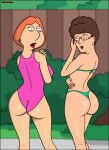 ass back_view bikini blue_bikini booty brown_hair brunette crossover dat_ass family_guy glasses king_of_the_hill lois_griffin milf mom peggy_hill pink_swimsuit red_hair sexfightfun string_bikini swimsuit yuri