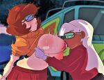  closed_eyes coco_diablo erect_nipples glasses huge_breasts licking_breast miniskirt scooby-doo trick_or_treat_scooby-doo velma_dinkley yuri 