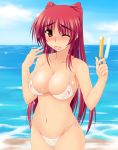 1girl belly big_breasts bikini blush bow breasts brown_eyes cleavage hair kousaka_tamaki large_breasts long_hair midriff mound_of_venus navel one_eye_closed open_mouth popsicle red_hair see-through side-tie_bikini smile solo striped striped_bikini striped_swimsuit swimsuit to_heart to_heart_2 undersized_clothes water wet wink zekkyon