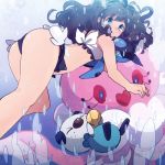 1girl air_bubbles ass bangs bare_legs bikini bikini_top blue_eyes bow brown_hair bubble denim denim_shorts diving floating_hair frilled_bikini frills jellicent long_hair lowres onaramaru oshawott pokemon pokemon_(game) pokemon_bw shorts swimsuit tirtouga touko_(pokemon) underwater