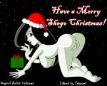 ass black_hair christmas green_eyes green_lipstick hat lipstick long_hair looking_back nude present santa_hat shego