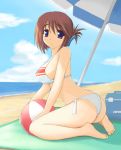 1girl ass ball barefoot beach beachball big_breasts bikini bow breasts cleavage erect_nipples feet folded_ponytail hair_ornament hairclip kneeling komaki_manaka kousaka_tamaki large_breasts looking_back mound_of_venus navel popsicle red_hair side-tie_bikini solo striped striped_bikini striped_swimsuit swimsuit to_heart to_heart_2 umbrella undersized_clothes water wet wink zekkyon