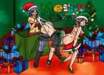 ass brown_hair christmas christmas_tree elf funny green_hair hat long_hair pointy_ears present purple_hair santa_hat short_hair