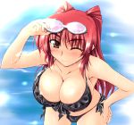 1girl ;3 adjusting_glasses areola_slip areolae bangs bent_over big_breasts bikini blush bow breasts brown_eyes cleavage collarbone front-tie_top glasses glasses_on_head goggles hair kousaka_tamaki large_breasts leaning_forward long_hair looking_at_viewer mound_of_venus navel nose_blush ocean one_eye_closed outdoors outside popsicle red_hair side-tie_bikini solo straight_hair striped striped_bikini striped_swimsuit swimsuit to_heart to_heart_2 twintails undersized_clothes water wet wink zekkyon