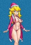 1girl blonde_hair blue_eyes breasts christmas ear_piercing earrings legoman lips lm_(legoman) long_hair looking_at_viewer piercings princess_peach santa_hat sling_bikini solo sr super_mario_bros. wide_hips