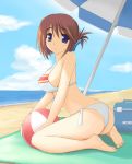 1girl ass ball barefoot beach beachball big_breasts bikini blue_eyes bow breasts brown_hair cleavage feet folded_ponytail hair_ornament hairclip kneeling komaki_manaka kousaka_tamaki large_breasts mound_of_venus navel popsicle red_hair short_hair side-tie_bikini sideboob solo striped striped_bikini striped_swimsuit swimsuit to_heart to_heart_2 umbrella undersized_clothes water wet wink zekkyon