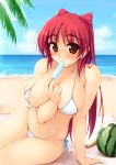 1girl arm_support beach big_breasts bikini blush bow breasts brown_eyes cleavage cloud curvy eating food fruit kousaka_tamaki large_breasts long_hair looking_at_viewer mound_of_venus navel ocean outdoors outside popsicle red_eyes red_hair side-tie_bikini sitting solo striped striped_bikini striped_swimsuit sweat swimsuit thighs to_heart to_heart_2 undersized_clothes very_long_hair water watermelon wet wink zekkyon