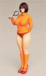 1girl big_breasts brown_hair female female_human female_only glasses high_heels human looking_at_viewer magnifying_glass panties partially_clothed red_high_heels scooby-doo short_brown_hair short_hair socks solo standing sweater thighs velma_dinkley