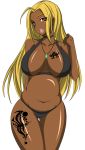 1girl bbw big_breasts bikini blonde_hair breasts cleavage curvy dark_skin ganguro highres hips huge_breasts idolmaster long_hair love_handles makeup miura_azusa muffin_top plump red_eyes simple_background smile solo_female swimsuit tan tanned tattoo white_background wide_hips yellow_hair