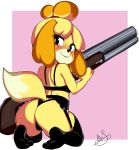 1girl 1girl 2020 absurd_res animal_crossing anthro arilopez550 black_bra black_clothing black_panties black_underwear bra canid canine canis clothed clothing domestic_dog full-length_portrait furry garter_straps gun high_res holding_gun holding_object holding_weapon isabelle_(animal_crossing) kneel legwear looking_at_viewer looking_back looking_back_at_viewer mammal nintendo panties pinup portrait pose ranged_weapon rear_view shih_tzu shotgun stockings toy_dog underwear underwear_only video_games weapon