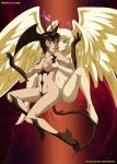 2girls :o absurd_res absurdres arm arm_grab arms art asuka_lan babe bare_arms bare_legs bare_shoulders barefoot black_hair blonde_hair blue_eyes breasts collarbone demon_girl devil_lady devilman_lady eye_contact facial_mark feet from_behind fudou_jun hair highres hug hug_from_behind hugging incipient_kiss jun_fudou lan_asuka legs looking_at_another looking_back multiple_girls navel neck no_nipples nude open_mouth pussy spread_legs tail uncensored wings yellow_eyes yuri yuri_haven