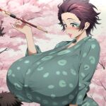  1boy1girl ai_generated demon_slayer gender_bender genderswap gigantic_breasts kamado_tanjirou kimetsu_no_yaiba kimono pixiv_id_1967984 purple_eyes purple_hair stable_diffusion voluptuous 