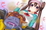 1girl aqua_eyes blush brown_hair closed_eyes double_bun drooling gloom gloom_(expression) hair_ribbon long_sleeves mei_(pokemon) nishi_koutarou pantyhose pokemon pokemon_(game) pokemon_bw2 raglan_sleeves ribbon saliva sexually_suggestive skirt smile twin_tails visor_cap