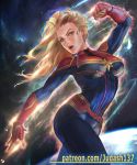 abs blonde_hair blue_eyes body_suit bodysuit breasts captain_marvel carol_danvers judash137 long_hair marvel navel open_mouth skin_tight