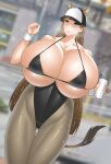  anthro blue_eyes brown_hair fox_girl gigantic_breasts hyracothenum kemono_friends nata tail 