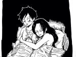 1_female 1_male artist_request bed bed_sheet bedroom blanket boa_hancock hugging monkey_d._luffy monochrome one_piece pillow