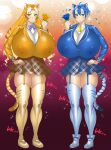  2_girls anthro blonde_hair blue_eyes blue_hair cat_ears cat_girl cat_tail gigantic_breasts kemono_friends nata yellow_eyes 