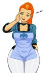 1girl adult aged_up apron ara_ara ben_10 big_breasts breasts cartoon_network choker cleavage clothing curvaceous curvy curvy_figure donchibi female_focus female_only future_gwen_tennyson green_eyes grin gwen_tennyson hand_on_face hips lips lipstick long_hair looking_at_viewer milf orange_hair pants ponytail smile smiling_at_viewer tied_hair tight_clothing voluptuous wide_hips