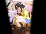 1girl akiyama_otome anime bed bedroom black_hair black_legwear black_socks blush book borubikku caught chair closed_eyes coffee female finger_in_mouth fingering footwear hair hairband magazine masturbation messy_room mini_skirt miniskirt pani_poni_dash pani_poni_dash! panties panties_around_ankles panty_pull peeping pencil pleated_skirt pov school_uniform serafuku short_hair sitting sitting_on_chair skirt socks solo spy spying text underwear voyeurism