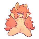  1girl 2023 aboredsnek anthro arms_behind_head arms_up breasts canine ceroba_ketsukane eyes_half_open fox fox_humanoid fur furry kitsune leg_spread long_hair nipples nude orange_hair pussy sitting thighs undertale undertale_(series) undertale_yellow 