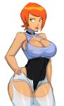 1girl adult aged_up ben_10 big_breasts breasts cartoon_network choker cleavage clothing curvaceous curvy curvy_figure donchibi female_focus female_only future_gwen_tennyson green_eyes grin gwen_tennyson hand_on_hip hips lips lipstick long_hair looking_at_viewer milf nipple_bulge orange_hair pants ponytail smile smiling_at_viewer thick_thighs tied_hair tight_clothing voluptuous wide_hips