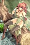 1girl adjusting_hair arm_up bandage bandages black_legwear boots braid breasts cleavage cross-laced_footwear elf flieger food footwear fruit high_heels jewelry knee_boots laces large_breasts legs long_hair long_legs nature necklace no_bra no_panties orange_hair original original_character pointy_ears ponytail purple_eyes red_hair redhead shoes sitting socks solo stream thigh-highs thighhighs thighs tree violet_eyes water watermelon